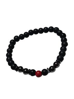 Retro Black Beaded Stretch Bracelet Red Accent Stone Natural Classic Jewelry